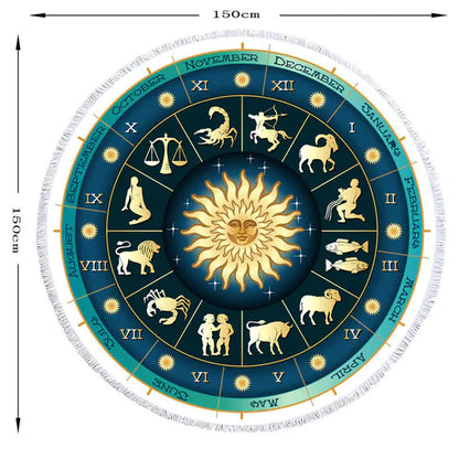 Zodiac Printed Round Beach Towel with Tassels (1 Piece)